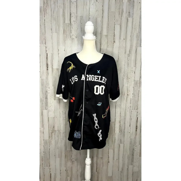 Rue 21 Men's Large‎ Black Graphic Print Streetwear Button-Up Jersey - Picture 1 of 5